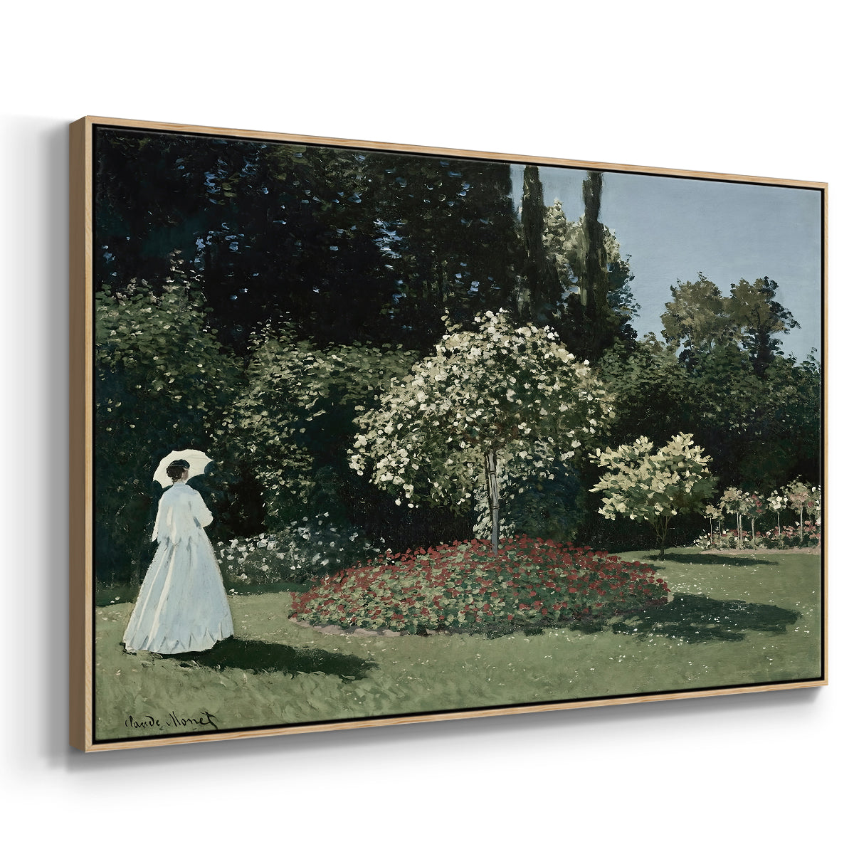 Angled view of Woman in the Garden, Sainte-Adresse, 1867 by Claude Monet in a natural wood floater framed canvas.