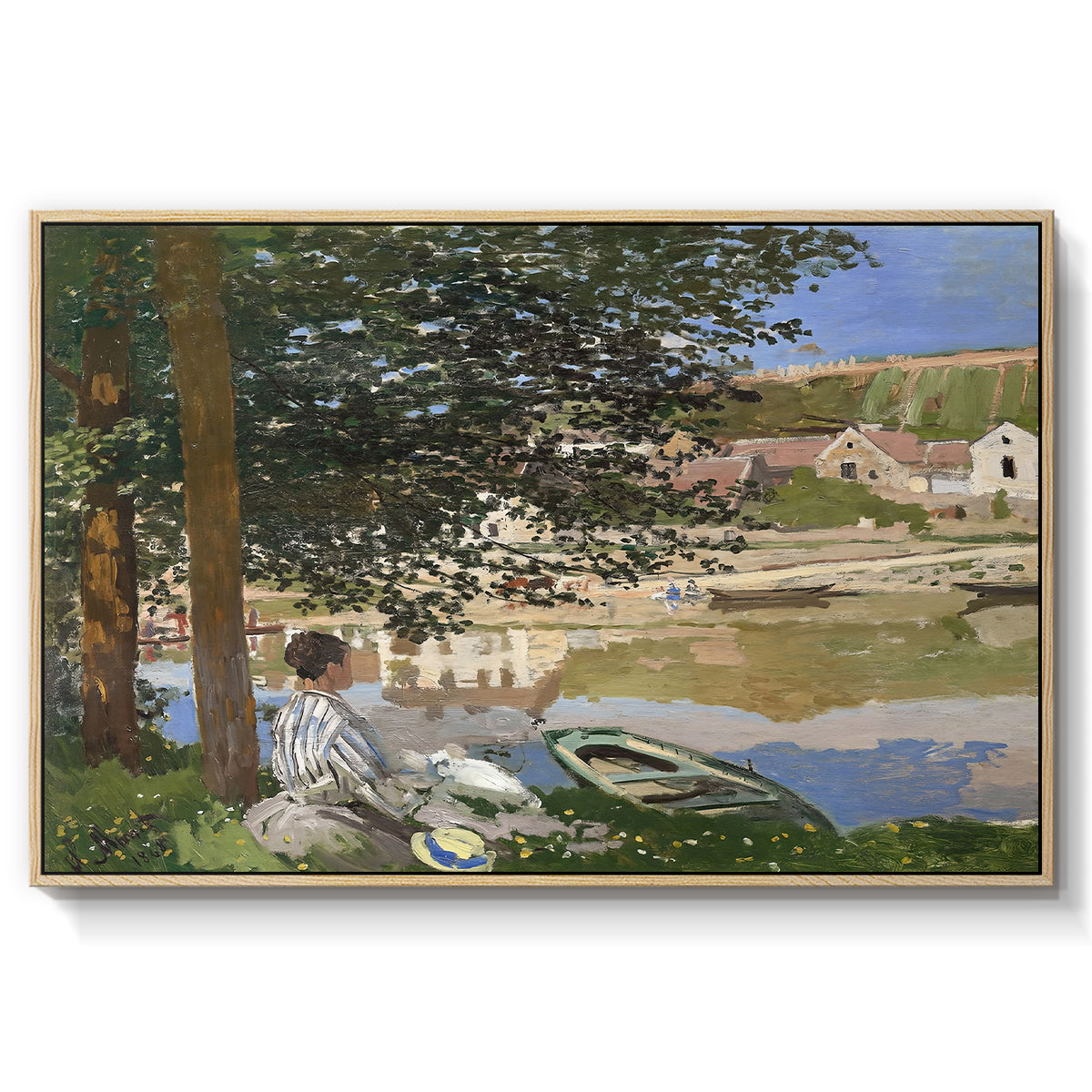 On the Bank of the Seine, Bennecourt, 1868 by Claude Monet in a natural wood floater framed canvas wall art display.
