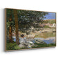 Angled view of On the Bank of the Seine, Bennecourt, 1868 by Claude Monet in a natural wood floater framed canvas.