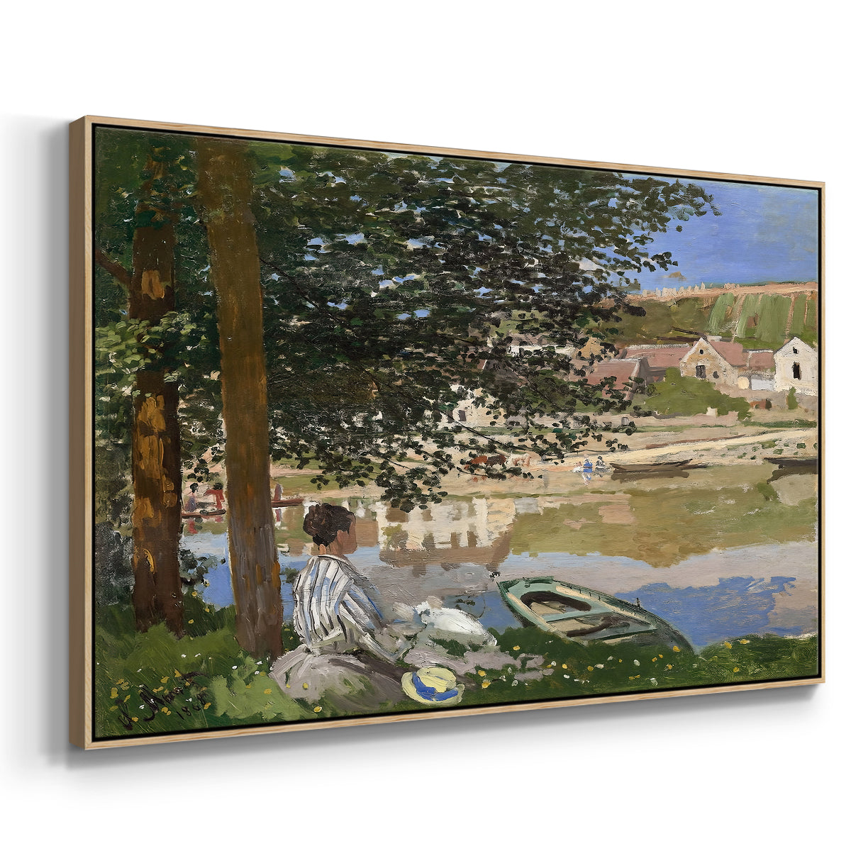 Angled view of On the Bank of the Seine, Bennecourt, 1868 by Claude Monet in a natural wood floater framed canvas.