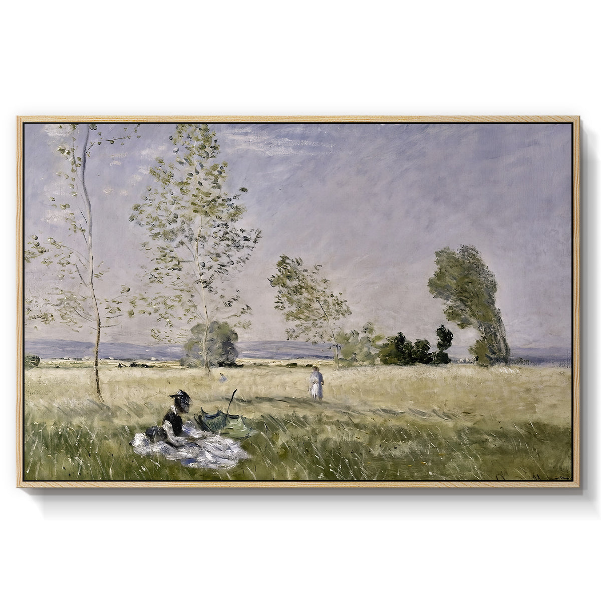 Summer (L'ete), 1874 by Claude Monet in a natural wood floater framed canvas wall art display.