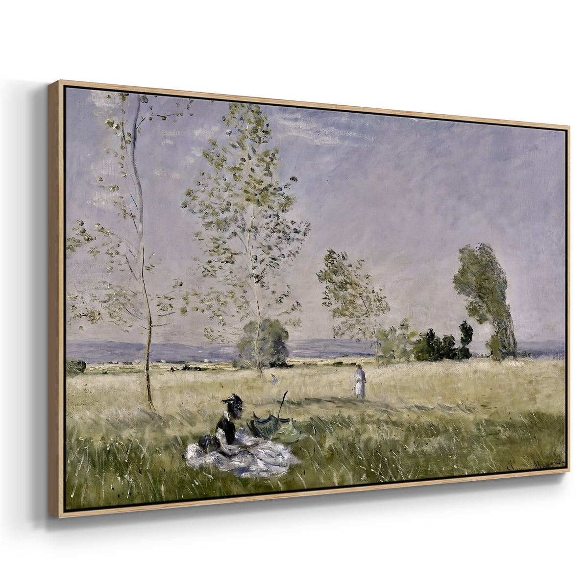 Angled view of Summer (L'ete), 1874 by Claude Monet in a natural wood floater framed canvas.