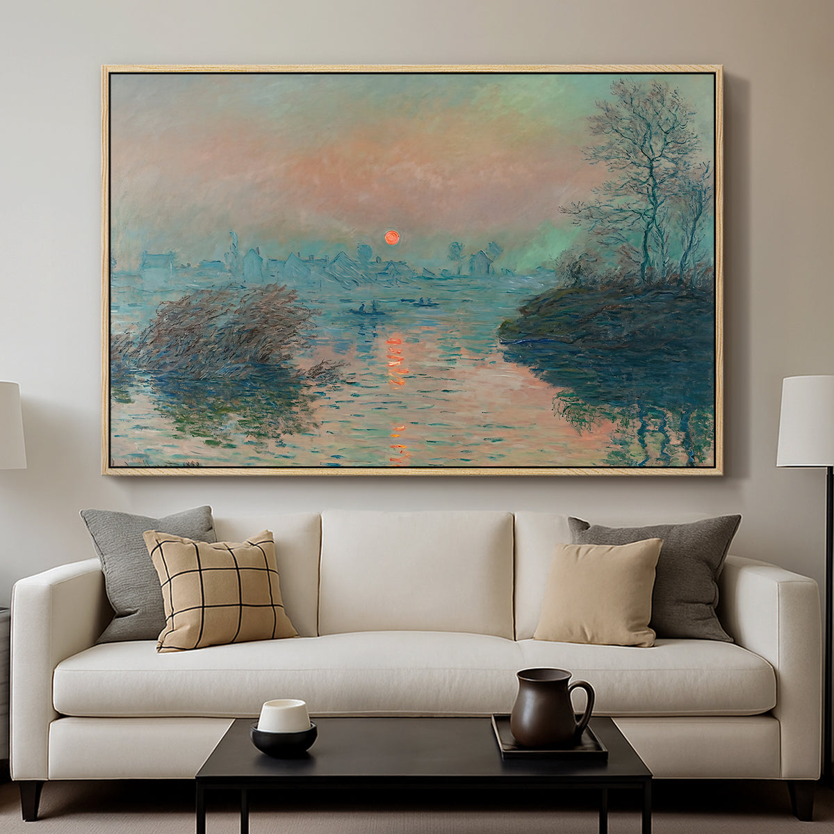 Sunset on the Seine at Lavacourt, Winter Effect, 1880 by Claude Monet displayed in a natural wood floater framed canvas above a sofa in a clean living room.