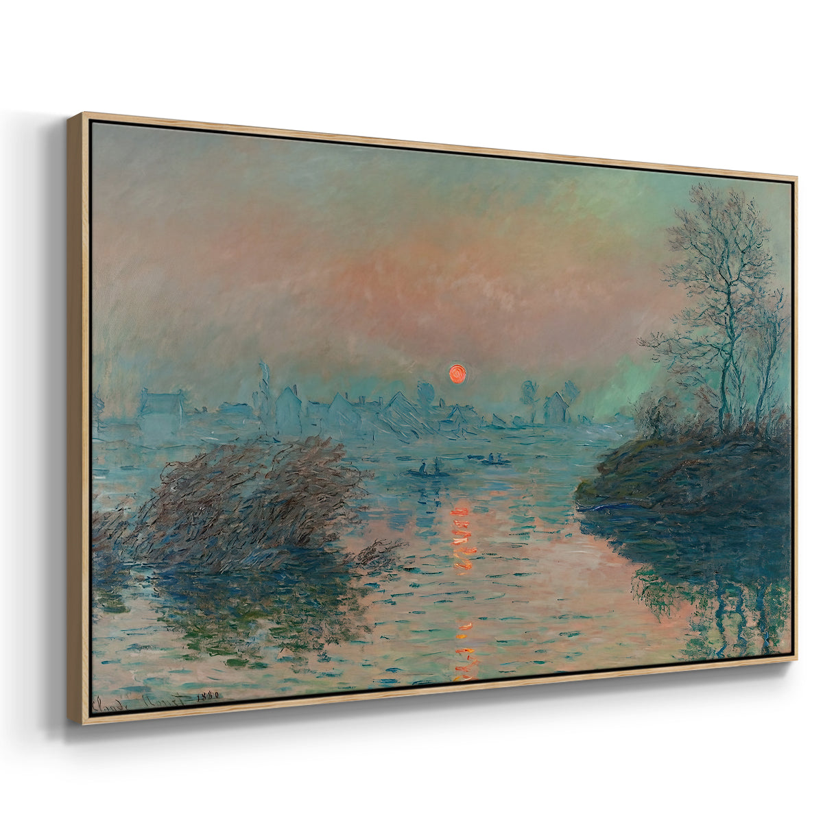 Angled view of Sunset on the Seine at Lavacourt, Winter Effect, 1880 by Claude Monet in a natural wood floater framed canvas.