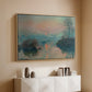 Natural wood floater framed canvas of Sunset on the Seine at Lavacourt, Winter Effect, 1880 by Claude Monet, featuring a winter scene with warm light reflecting on water at dusk above a console cabinet in a minimalist entryway.