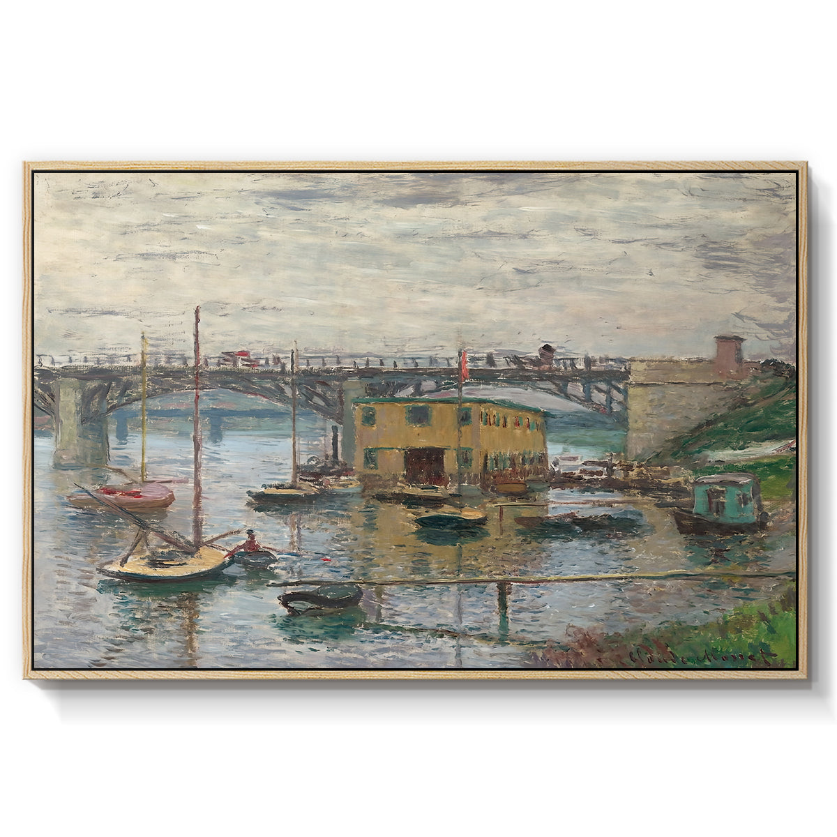 Bridge at Argenteuil on a Gray Day, c. 1876 by Claude Monet in a natural wood floater framed canvas wall art display.
