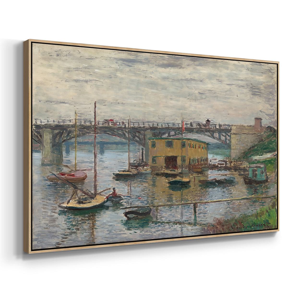 Angled view of Bridge at Argenteuil on a Gray Day, c. 1876 by Claude Monet in a natural wood floater framed canvas.