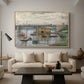 Bridge at Argenteuil on a Gray Day, c. 1876 by Claude Monet as a natural wood floater framed canvas featuring a bridge crossing river under gray sky with muted reflections, displayed above a sofa in a modern living room.