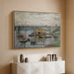 Natural wood floater framed canvas of Bridge at Argenteuil on a Gray Day, c. 1876 by Claude Monet, featuring an impressionist riverscape with overcast atmosphere and soft tones above a console cabinet in a minimalist entryway.