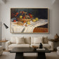 Still Life with Apples and Grapes, 1880 by Claude Monet as a natural wood floater framed canvas featuring an arrangement of apples and grapes on table with soft natural light, displayed above a sofa in a modern living room.