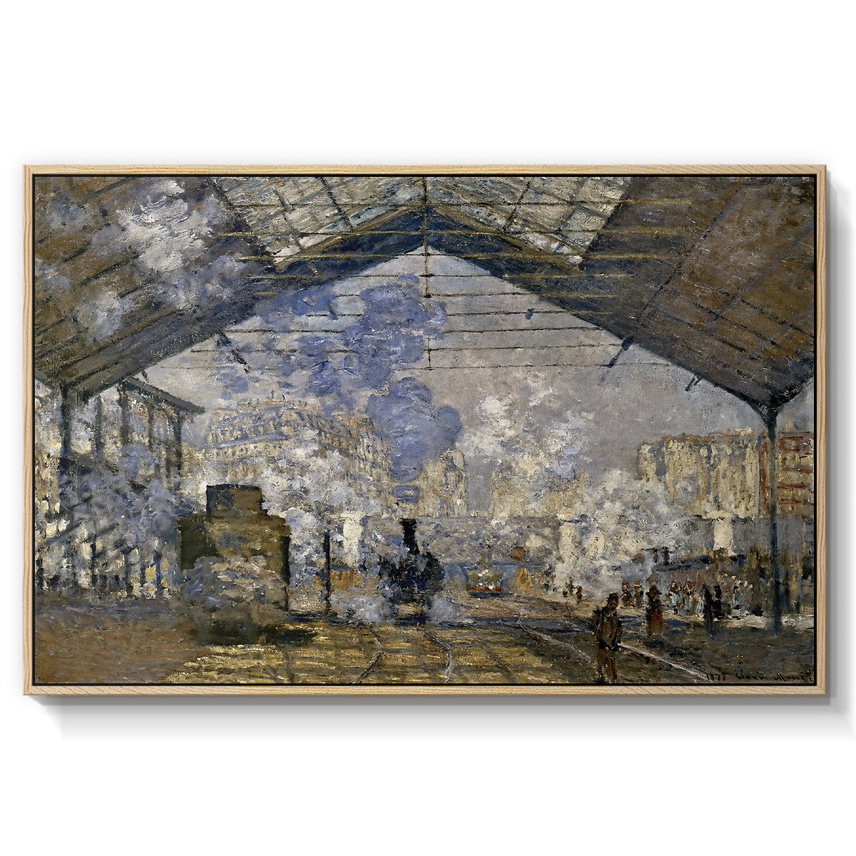 The Gare Saint-Lazare, 1877 by Claude Monet in a natural wood floater framed canvas wall art display.