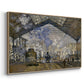 Angled view of The Gare Saint-Lazare, 1877 by Claude Monet in a natural wood floater framed canvas.