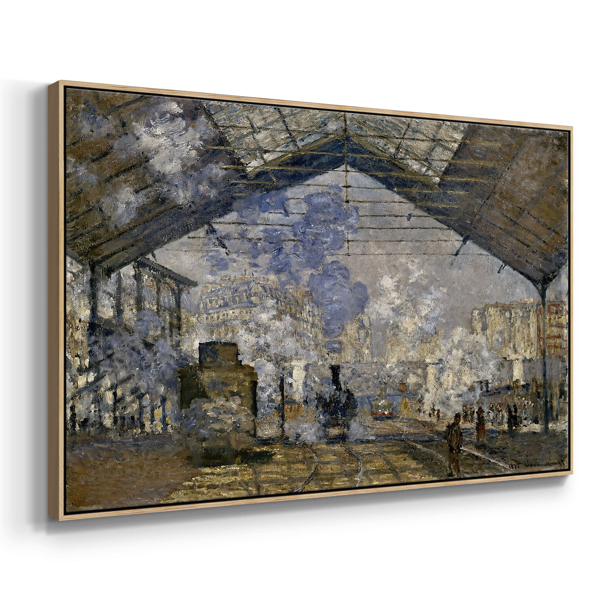 Angled view of The Gare Saint-Lazare, 1877 by Claude Monet in a natural wood floater framed canvas.