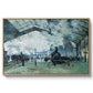 The Saint-Lazare Station, 1877 by Claude Monet in a natural wood floater framed canvas wall art display.