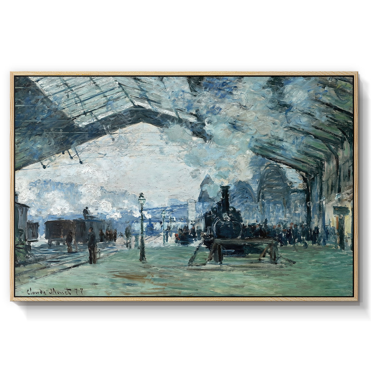 The Saint-Lazare Station, 1877 by Claude Monet in a natural wood floater framed canvas wall art display.
