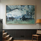 Natural wood floater framed canvas featuring a dramatic depiction of industrial space with trains and light, displayed in a hallway near a staircase.