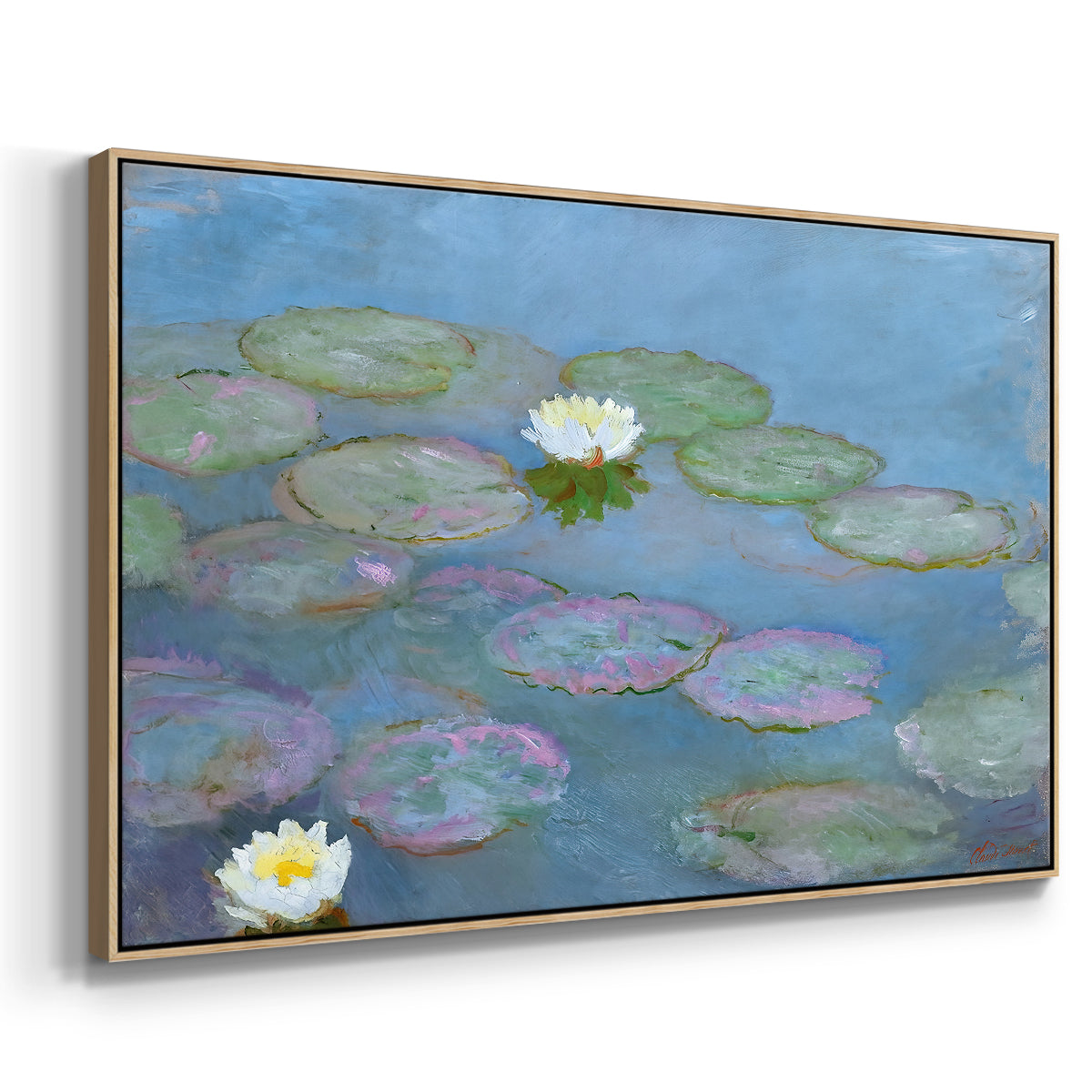 Angled view of Water Lilies (Nymphéas), 1897-1899 by Claude Monet in a natural wood floater framed canvas.