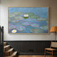 Natural wood floater framed canvas featuring a close-up of aquatic plants in still water, displayed in a hallway near a staircase.