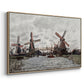 Angled view of Windmills near Zaandam, 1871 by Claude Monet in a natural wood floater framed canvas.
