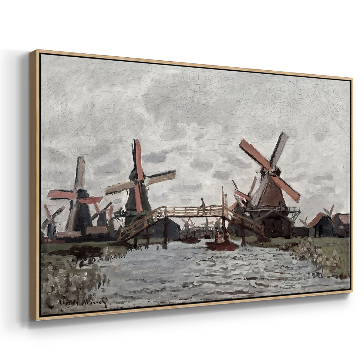Angled view of Windmills near Zaandam, 1871 by Claude Monet in a natural wood floater framed canvas.