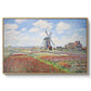 Tulip Fields with the Rijnsburg Windmill, 1886 by Claude Monet in a natural wood floater framed canvas wall art display.