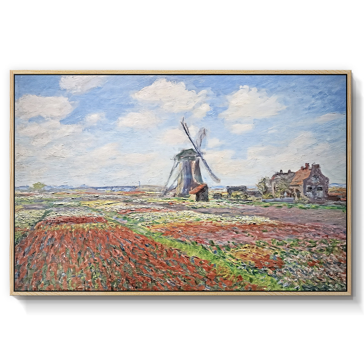 Tulip Fields with the Rijnsburg Windmill, 1886 by Claude Monet in a natural wood floater framed canvas wall art display.