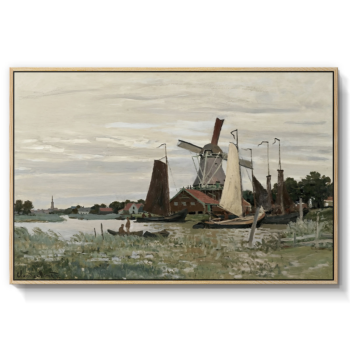 Windmill at Zaandam, 1871 by Claude Monet in a natural wood floater framed canvas wall art display.