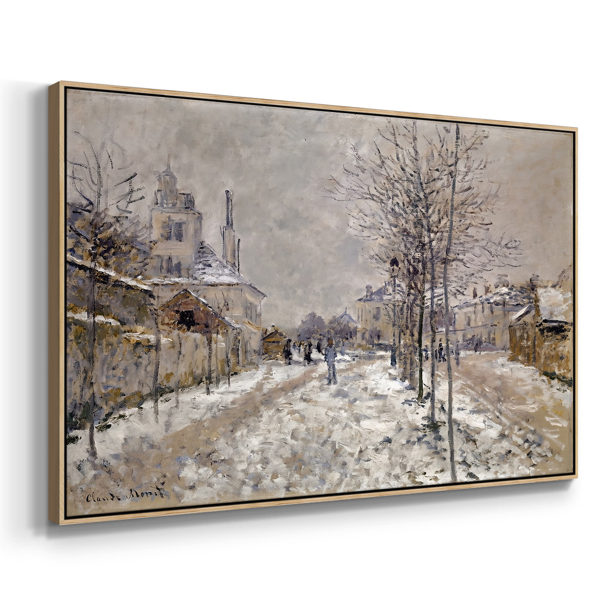 Angled view of The Boulevard de Pontoise at Argenteuil, Snow Effect, 1875 by Claude Monet in a natural wood floater framed canvas.