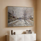 Natural wood floater framed canvas of The Boulevard de Pontoise at Argenteuil, Snow Effect, 1875 by Claude Monet, featuring an impressionist winter scene with road and bare trees above a console cabinet in a minimalist entryway.