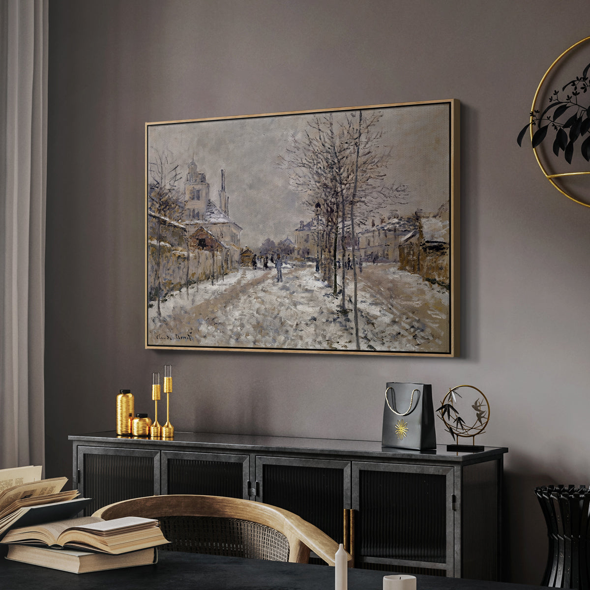 The Boulevard de Pontoise at Argenteuil, Snow Effect, 1875 by Claude Monet in a natural wood floater framed canvas featuring a quiet boulevard blanketed in snow with distant figures, displayed above a desk in a dark home office interior.