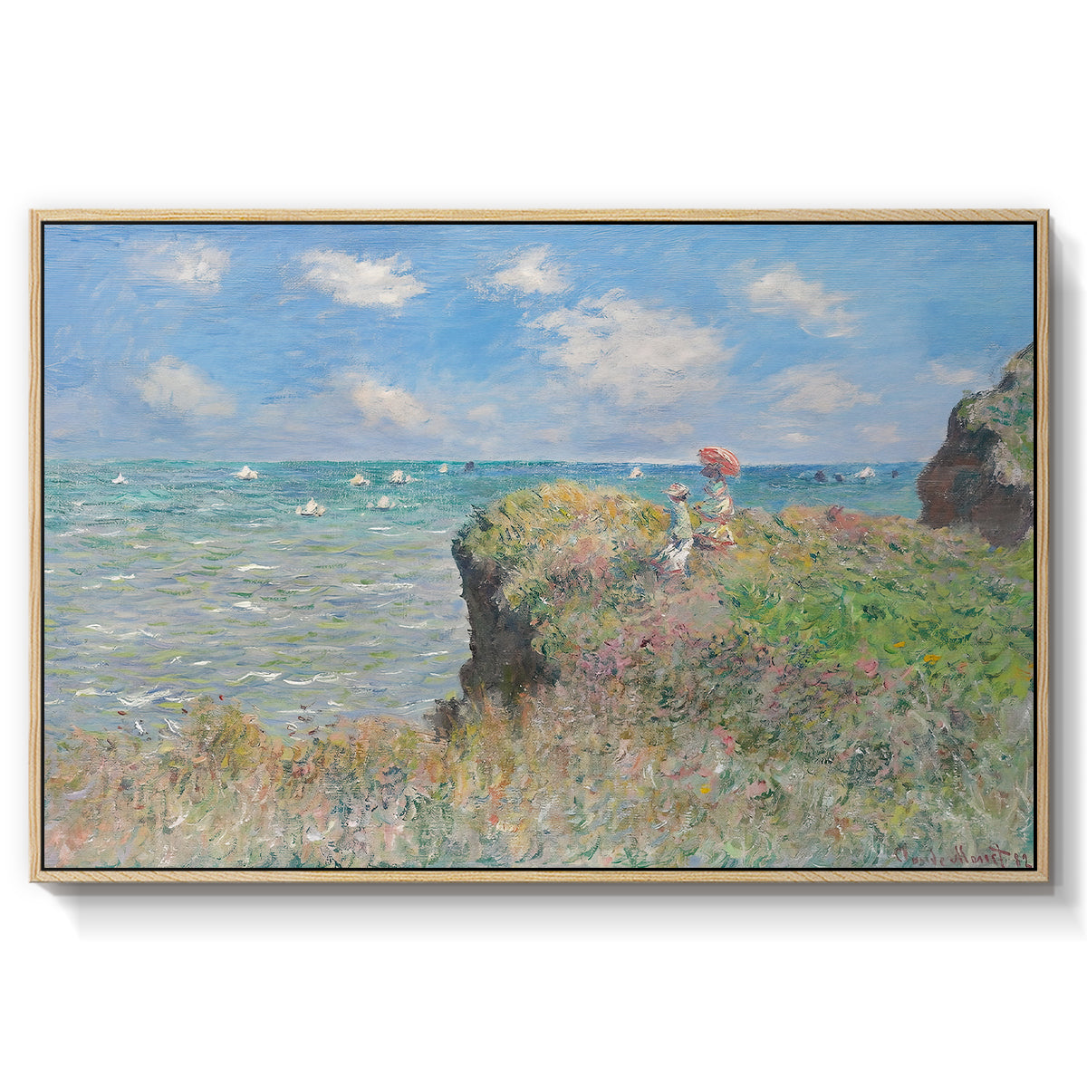 The Cliff Walk at Pourville, 1882 by Claude Monet in a natural wood floater framed canvas wall art display.