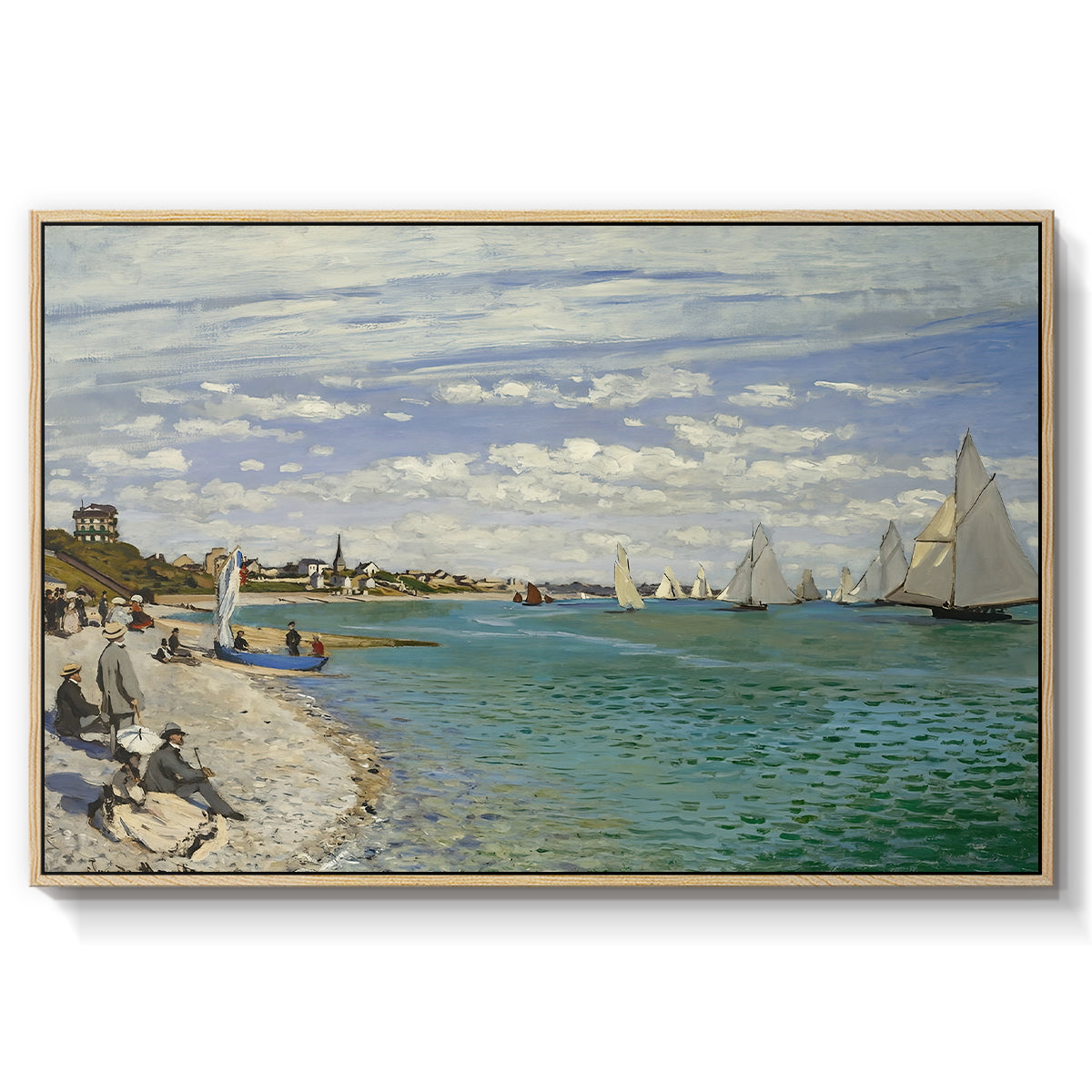 Regatta at Sainte-Adresse, 1867 by Claude Monet in a natural wood floater framed canvas wall art display.