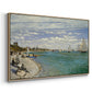 Angled view of Regatta at Sainte-Adresse, 1867 by Claude Monet in a natural wood floater framed canvas.