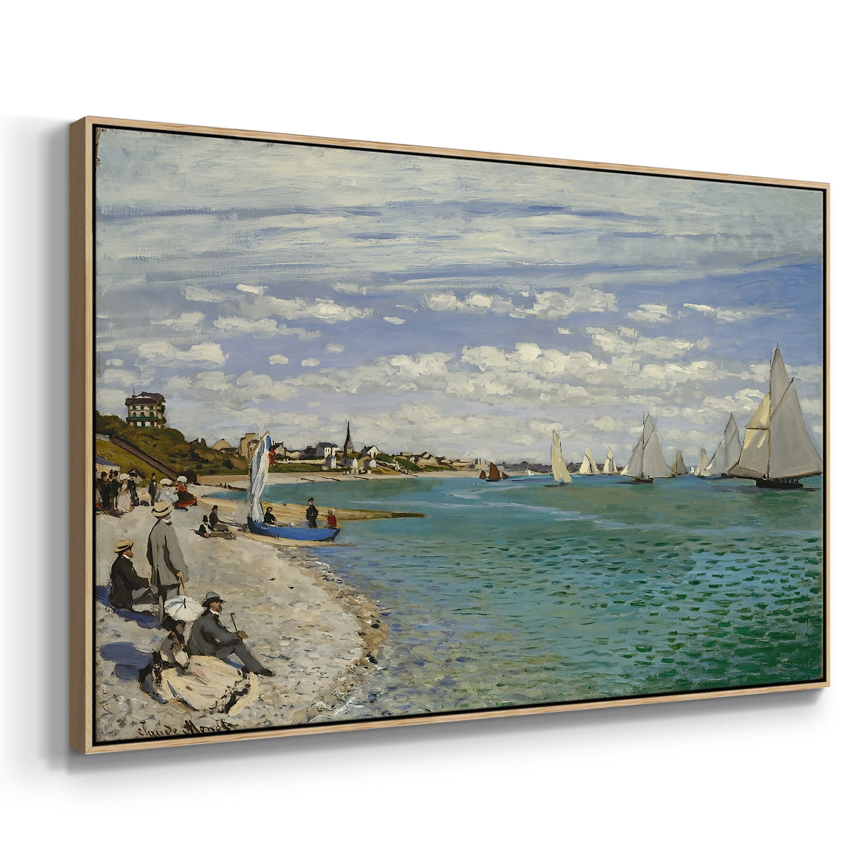 Angled view of Regatta at Sainte-Adresse, 1867 by Claude Monet in a natural wood floater framed canvas.