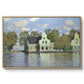 Houses on the Zaan River at Zaandam, 1871 by Claude Monet in a natural wood floater framed canvas wall art display.