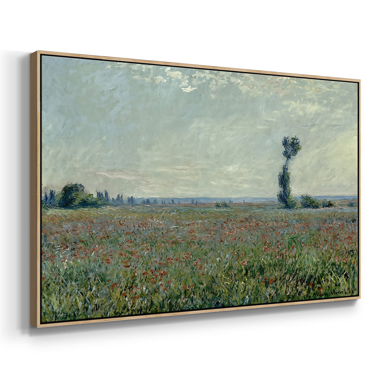 Angled view of Poppy Field, 1881 by Claude Monet in a natural wood floater framed canvas.