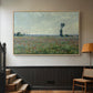 Natural wood floater framed canvas featuring a natural field scene with vibrant red flowers, displayed in a hallway near a staircase.