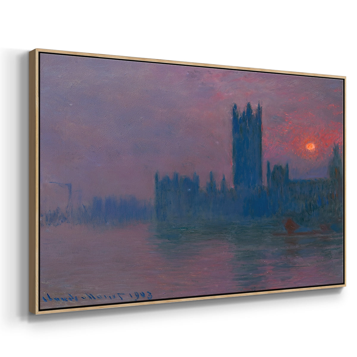 Angled view of The Houses of Parliament, Sunset, 1903 by Claude Monet in a natural wood floater framed canvas.