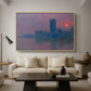 The Houses of Parliament, Sunset, 1903 by Claude Monet as a natural wood floater framed canvas featuring a silhouette of Parliament buildings against glowing sunset across river, displayed above a sofa in a modern living room.
