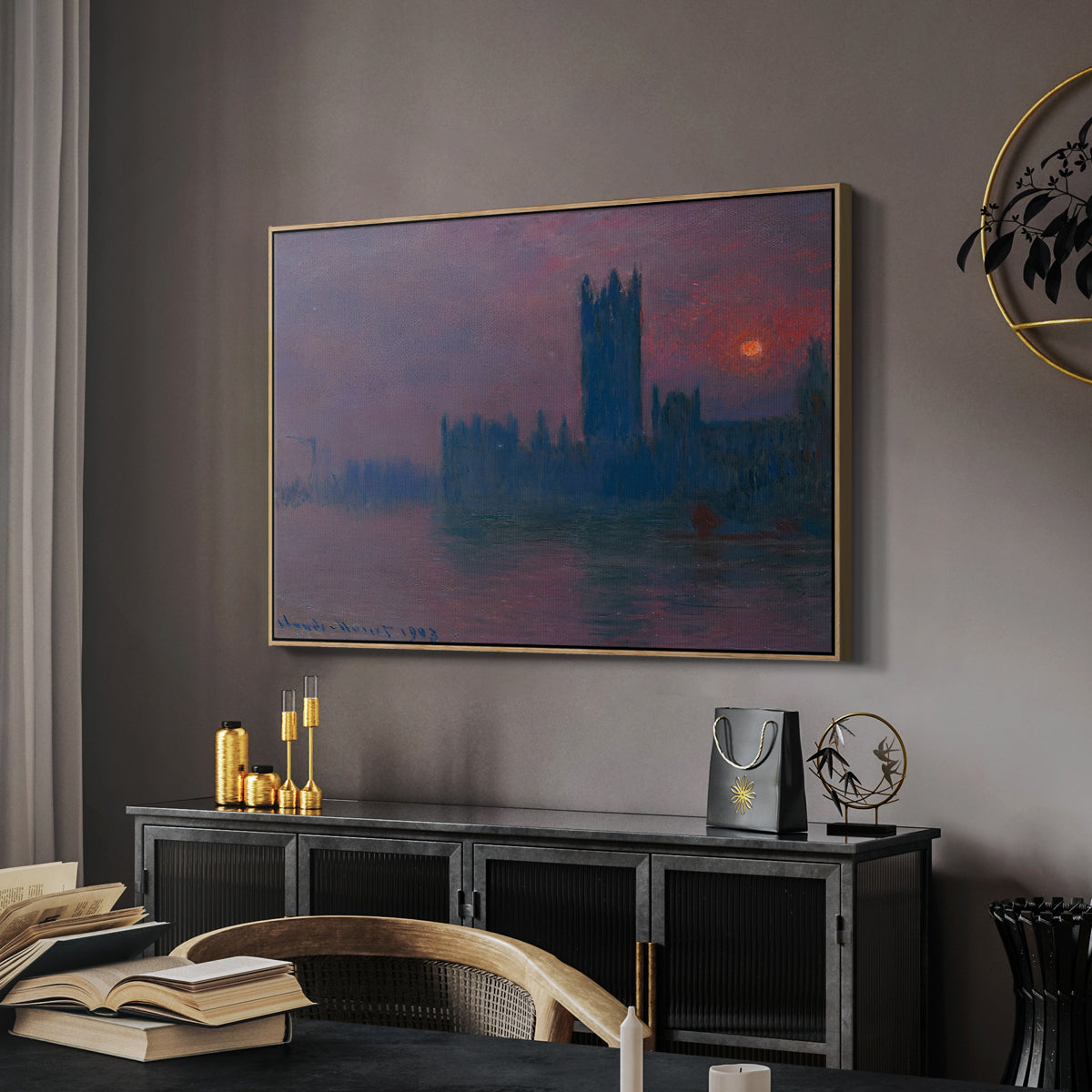 The Houses of Parliament, Sunset, 1903 by Claude Monet in a natural wood floater framed canvas featuring an atmospheric London scene with buildings fading into haze, displayed above a desk in a dark home office interior.