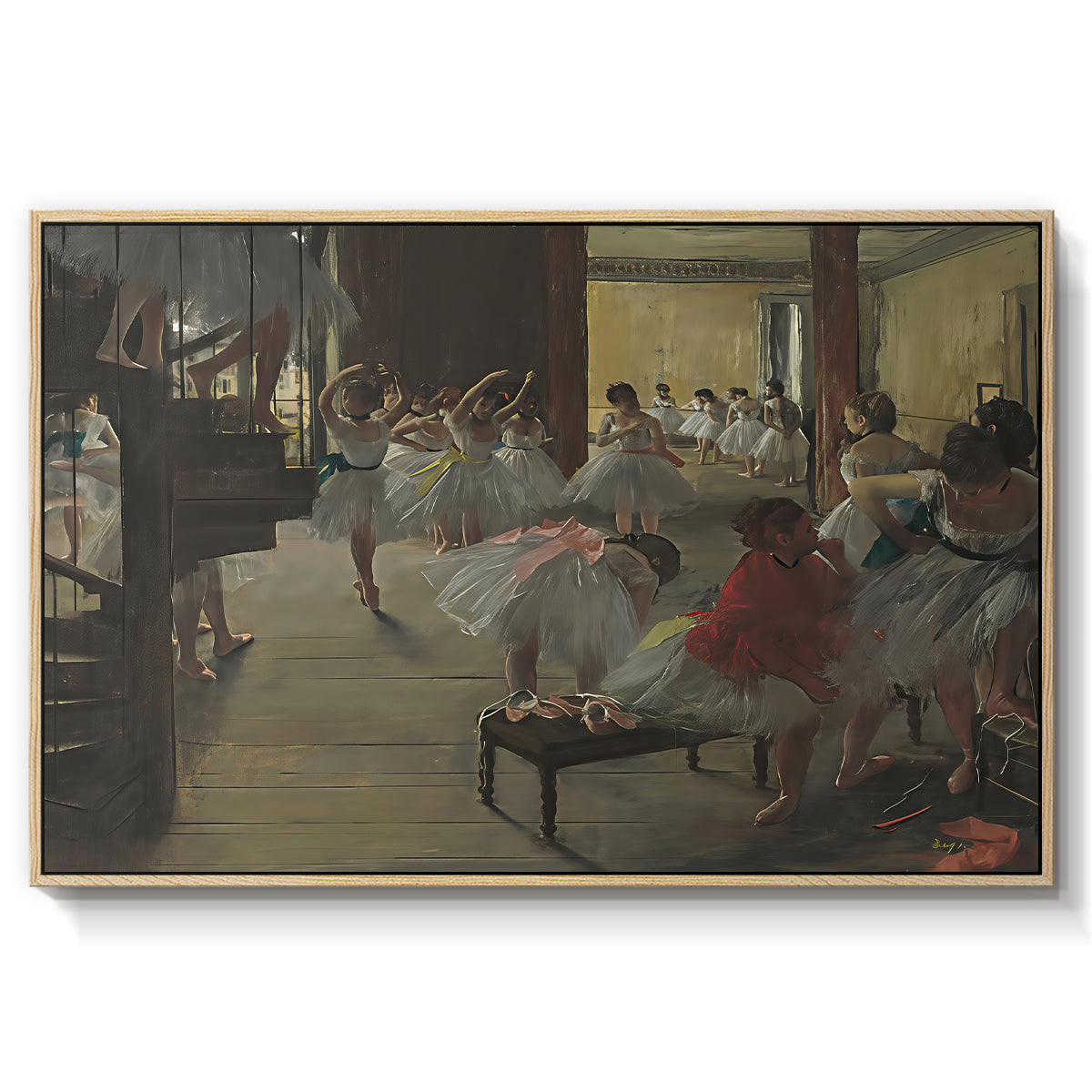 The Dance Class, c. 1873 by Edgar Degas in a natural wood floater framed canvas wall art display.