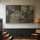 Natural wood floater framed canvas featuring a group of dancers preparing during class with natural light, displayed in a hallway near a staircase.