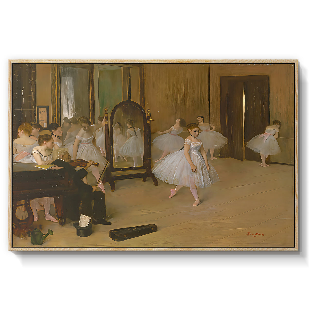 The Dancing Class, c. 1870 by Edgar Degas in a natural wood floater framed canvas wall art display.