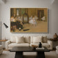 The Dancing Class, c. 1870 by Edgar Degas as a natural wood floater framed canvas featuring a ballet class with dancers practicing positions under instructor guidance, displayed above a sofa in a modern living room.