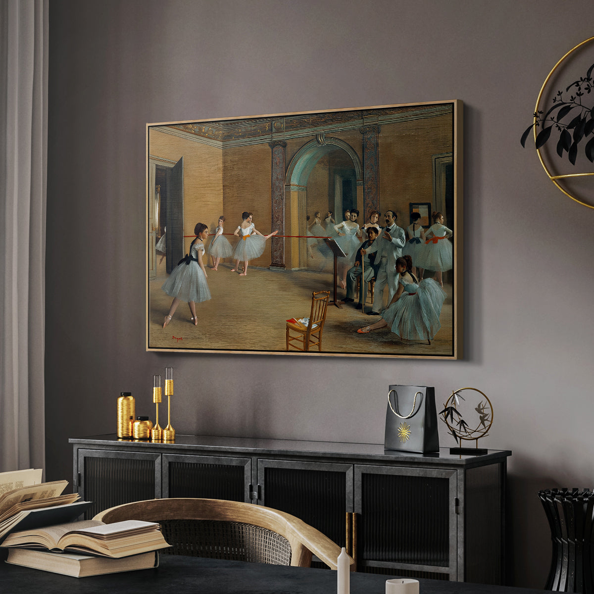 The Dance Foyer at the Opera on the Rue Le Peletier, 1872 by Edgar Degas in a natural wood floater framed canvas featuring an impressionist depiction of ballet foyer with multiple figures, displayed above a desk in a dark home office interior.