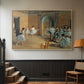 Natural wood floater framed canvas featuring an elegant rehearsal space with dancers in soft lighting, displayed in a hallway near a staircase.
