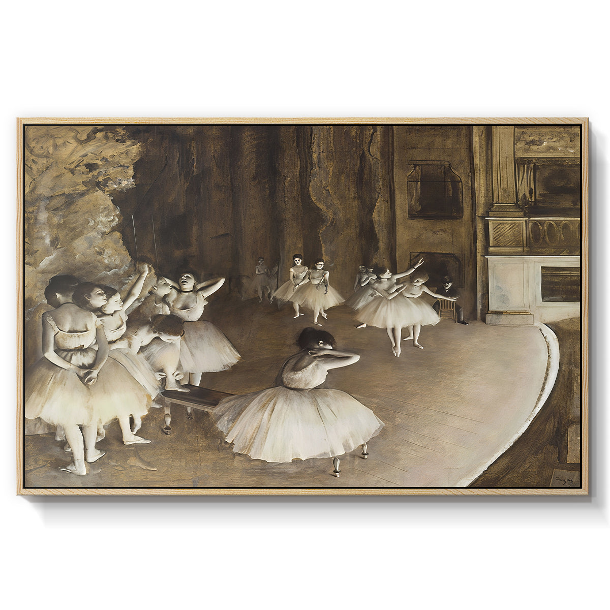 The Rehearsal of the Ballet Onstage, 1874 by Edgar Degas in a natural wood floater framed canvas wall art display.