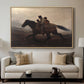 A Ride for Liberty – The Fugitive Slaves, c. 1862 by Eastman Johnson displayed in a natural wood floater framed canvas above a sofa in a clean living room.