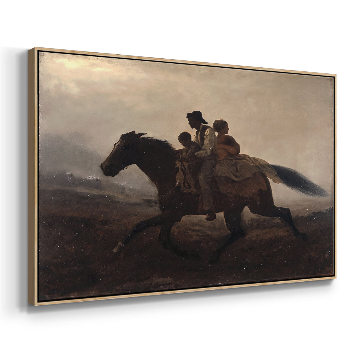 Angled view of A Ride for Liberty – The Fugitive Slaves, c. 1862 by Eastman Johnson in a natural wood floater framed canvas.