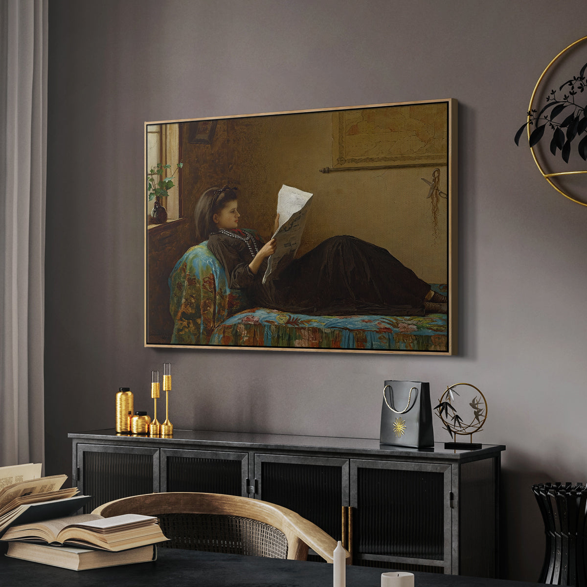 Interesting News, 1872 by Eastman Johnson in a natural wood floater framed canvas featuring an Americana interior with people focused on printed page, displayed above a desk in a dark home office interior.